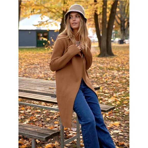 Women's Long Cardigans Sweater Blazer Jacket Coat Camel - Picture 7 of 7